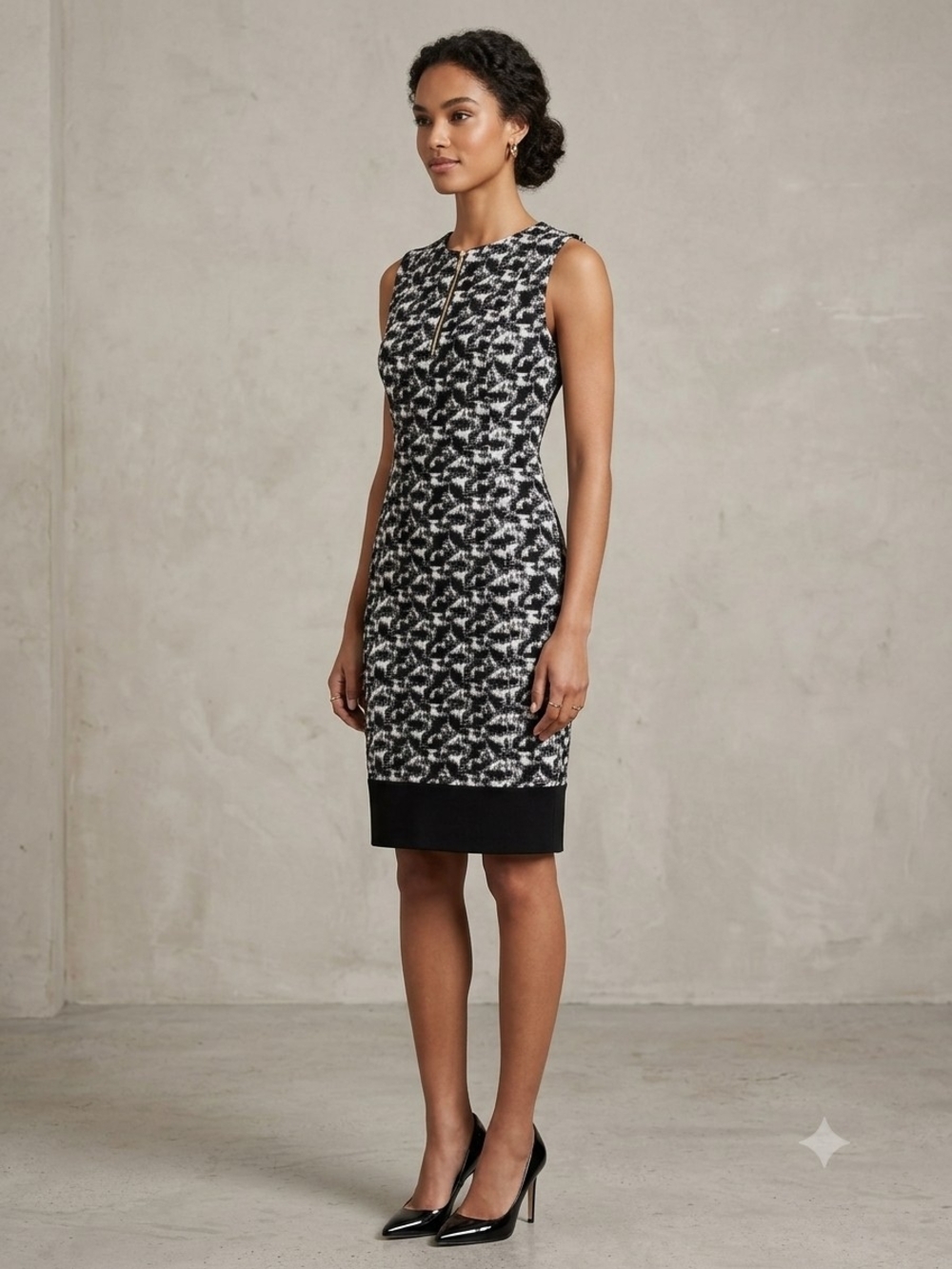 Calvin Klein Black & White Printed Midi Sheath Dress with Front Zip WD 52